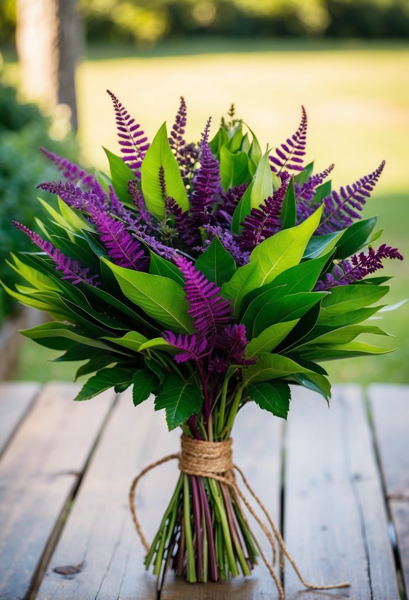 A vibrant bouquet of purple and green leaves, tied with rustic twine, sits on a wooden table