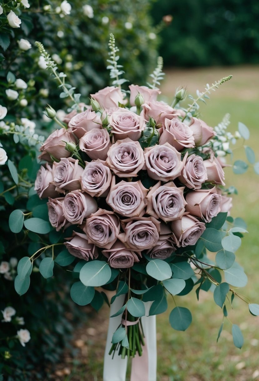 A lush bouquet of dusty mauve roses arranged in a cascading wedding bouquet