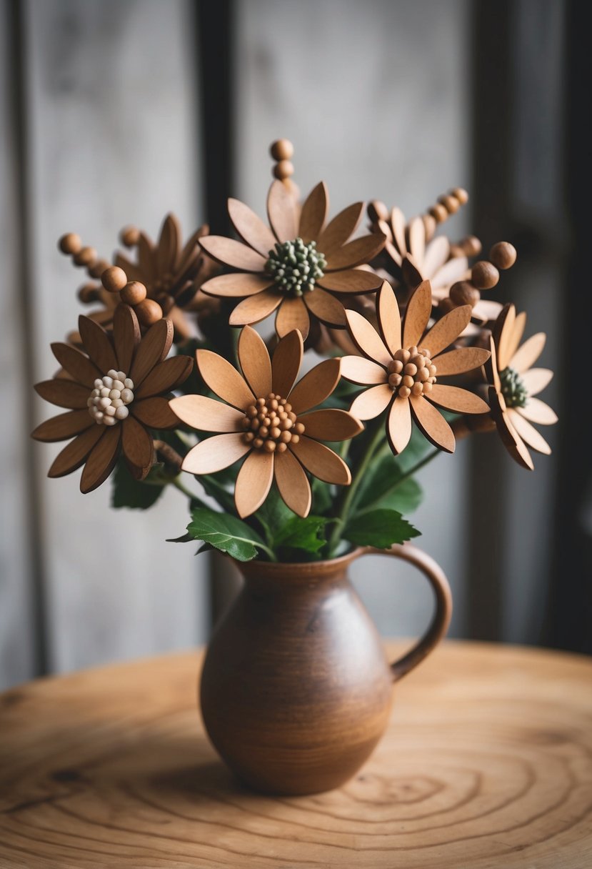 A collection of handcrafted wooden flowers arranged in a rustic vase, evoking the spirit of a Viking wedding bouquet