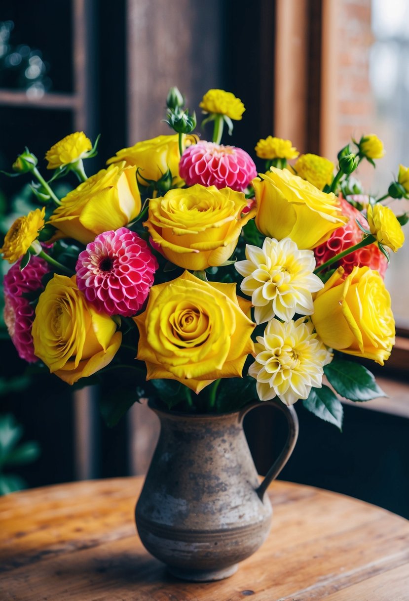 A vibrant bouquet of yellow roses and dahlias arranged in a rustic vase