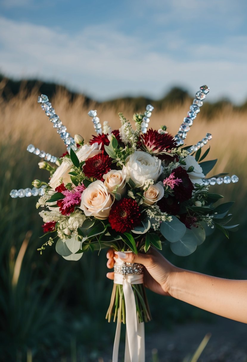 A Viking wedding bouquet featuring bold floral arrangements intertwined with sparkling crystals