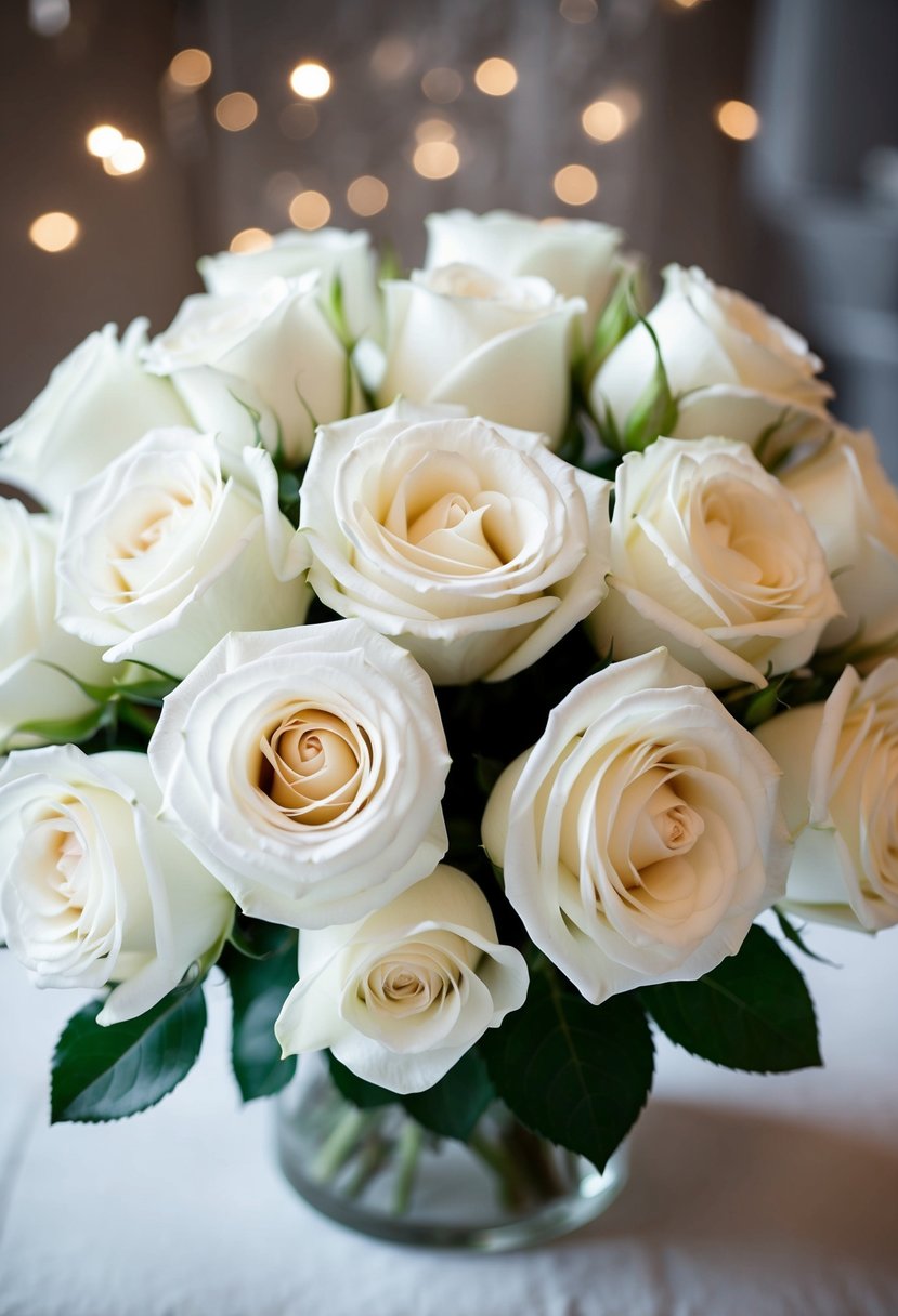 A classic white rose bouquet arranged in a simple, elegant style