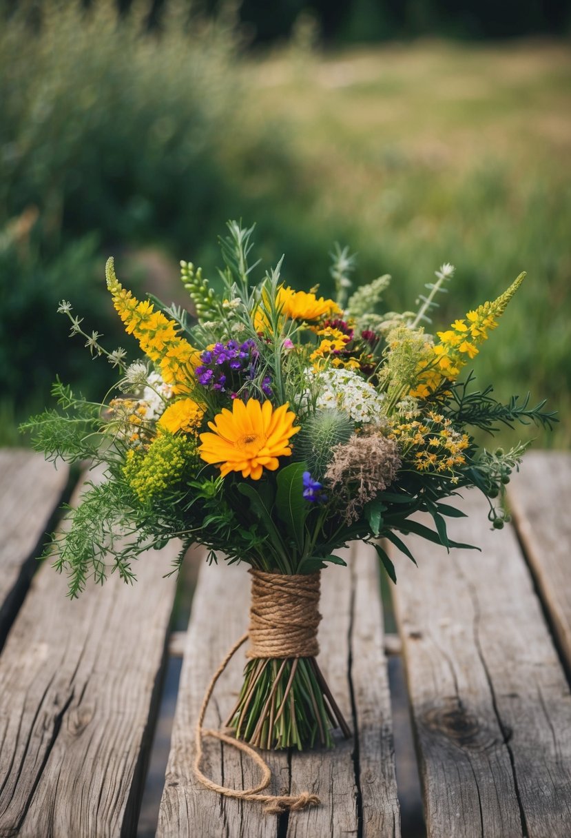 A rustic wooden table adorned with vibrant wildflowers, herbs, and twine, arranged in a medieval-inspired viking wedding bouquet