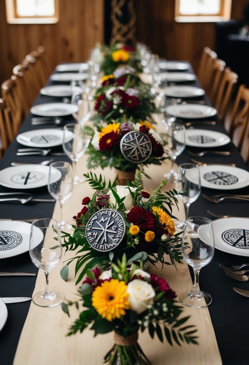 A table strewn with viking rune-stamped bouquets, incorporating traditional Norse symbols and flowers, set for a viking wedding