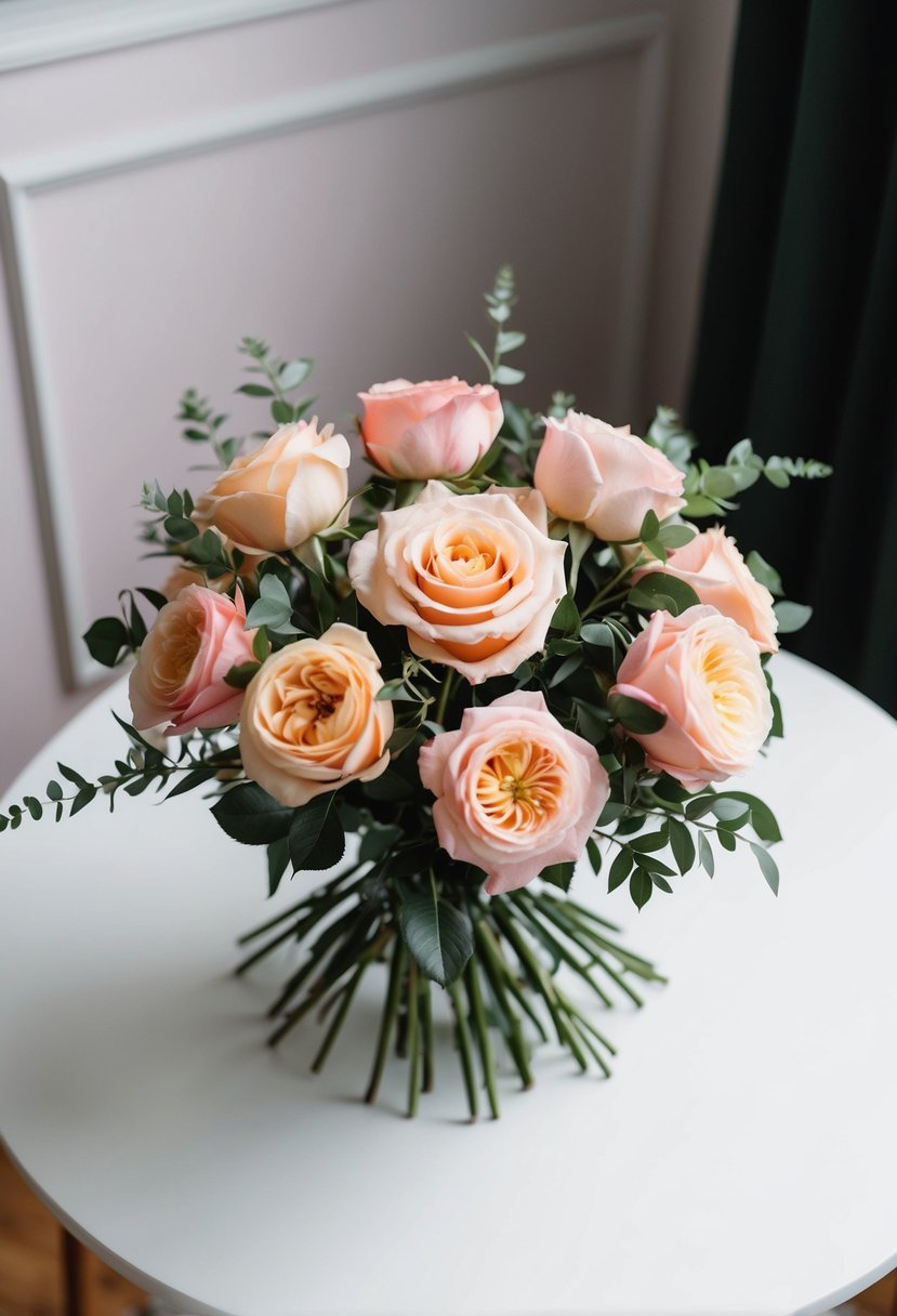 A bouquet of peach and pink roses, delicately arranged with green foliage, sits on a white table