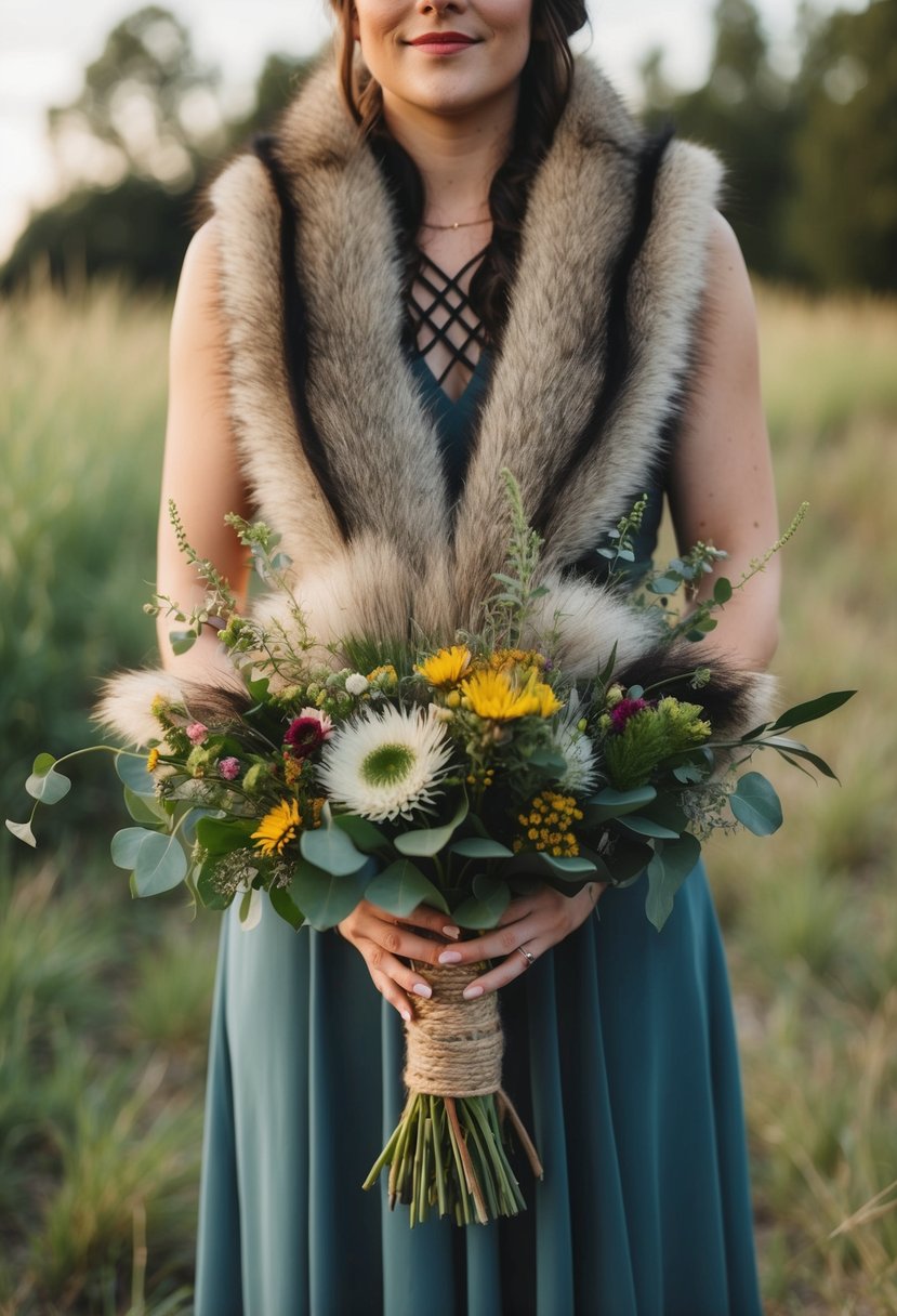 A bouquet of faux fur wraps around a rustic viking-inspired wedding bouquet, adorned with wildflowers and greenery