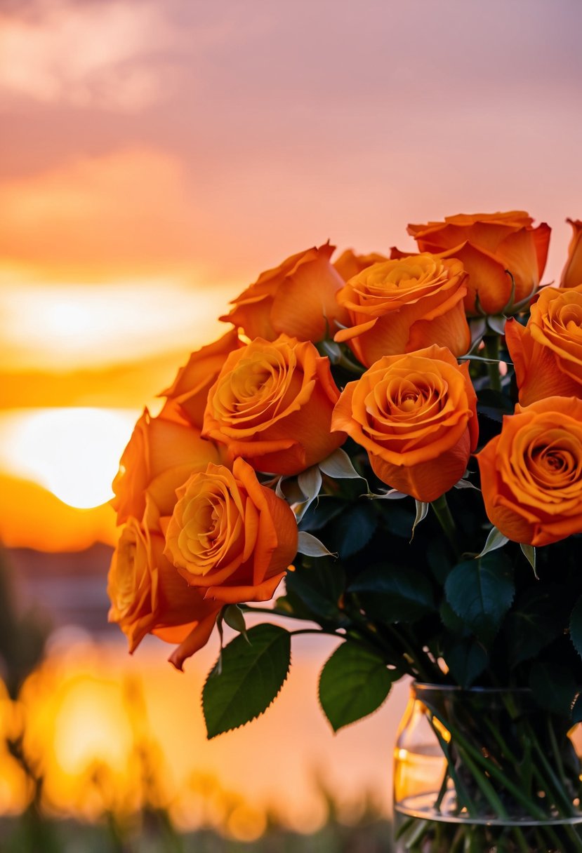 A bouquet of orange roses bathed in the warm hues of a sunset, with soft, golden light casting a romantic glow