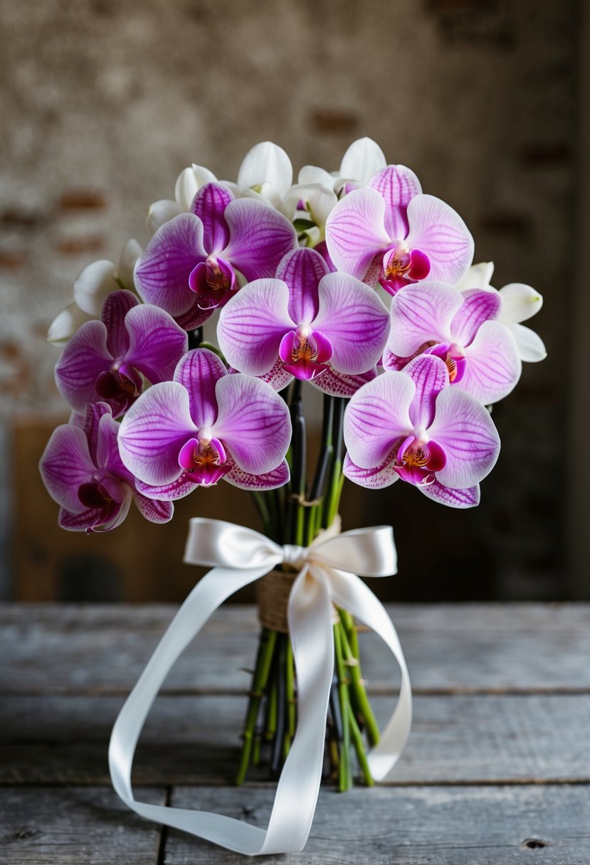 A delicate bouquet of pink and white orchids, tied with a satin ribbon, sits on a rustic wooden table