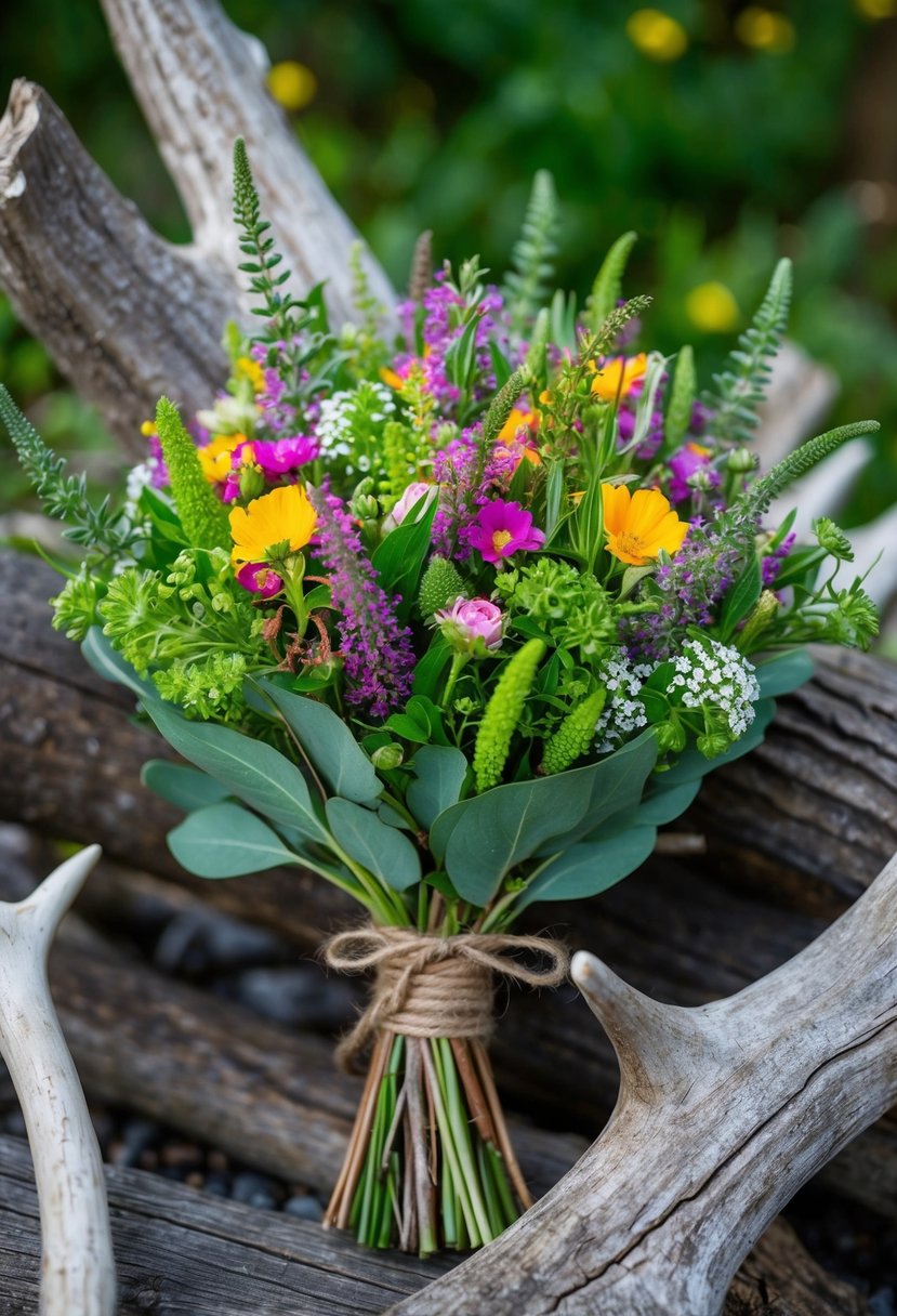 A lush bouquet of vibrant wildflowers and greenery tied with rustic twine, nestled among antler and driftwood accents