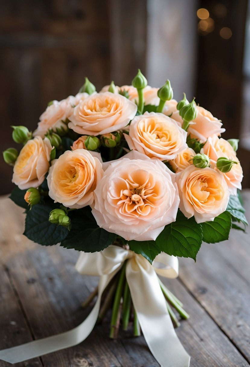 A lush bouquet of peach roses and begonias, tied with a satin ribbon, sits on a rustic wooden table