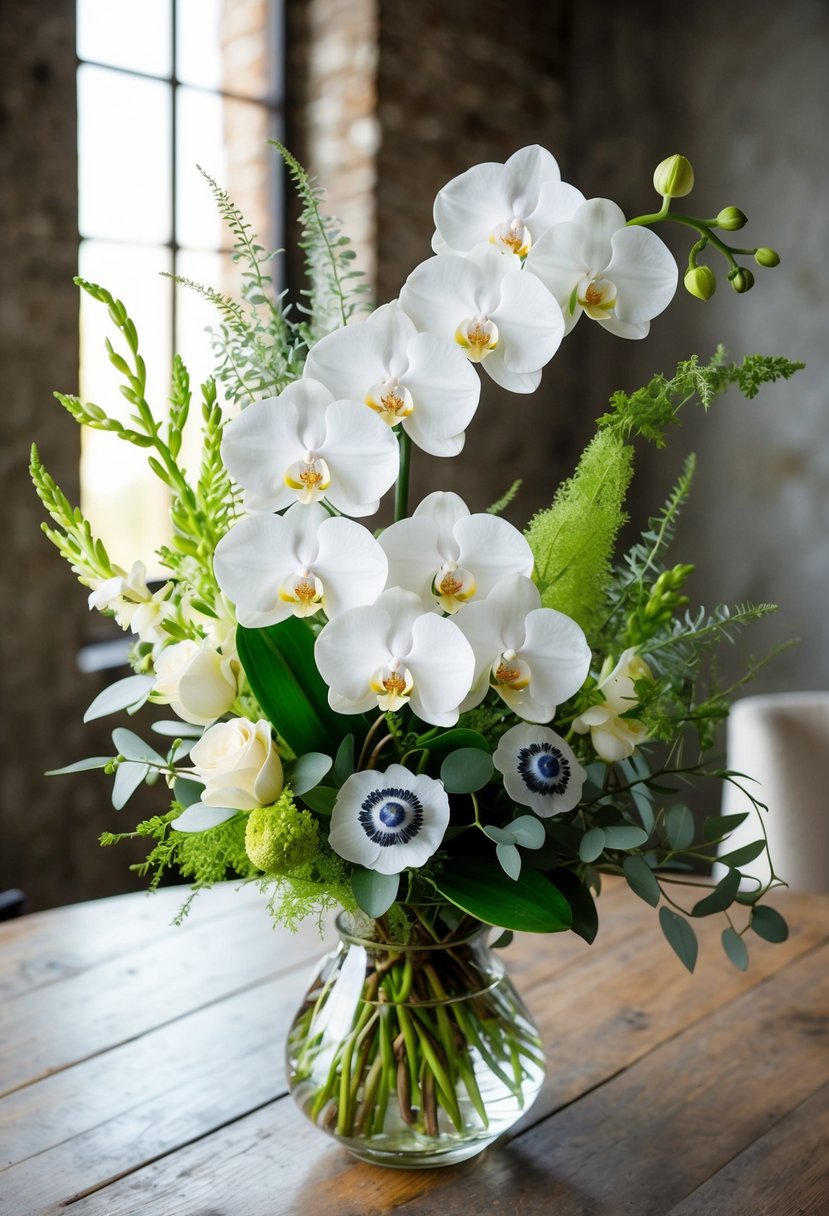 A lush bouquet of white orchids and anemones, with delicate greenery, arranged in a glass vase on a rustic wooden table