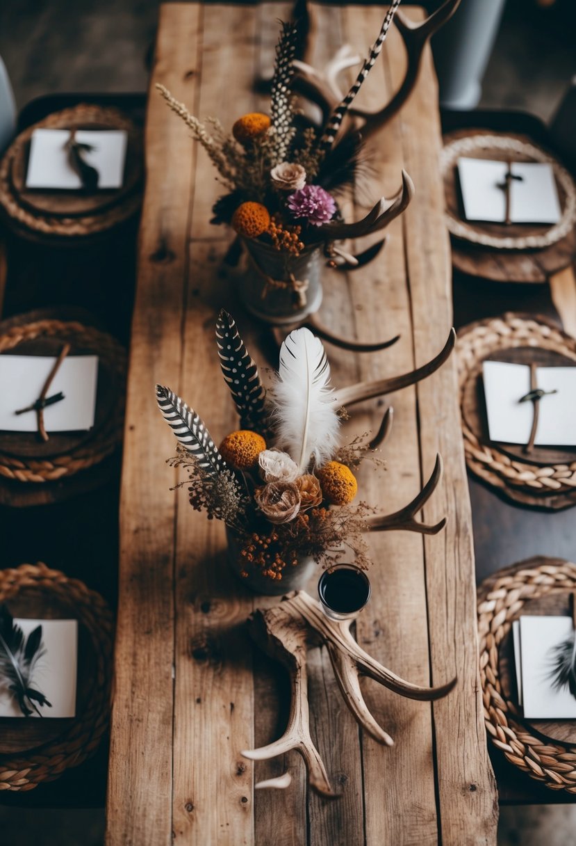 A rustic wooden table adorned with dried flowers and feathers, surrounded by Viking-inspired decor and antler accents