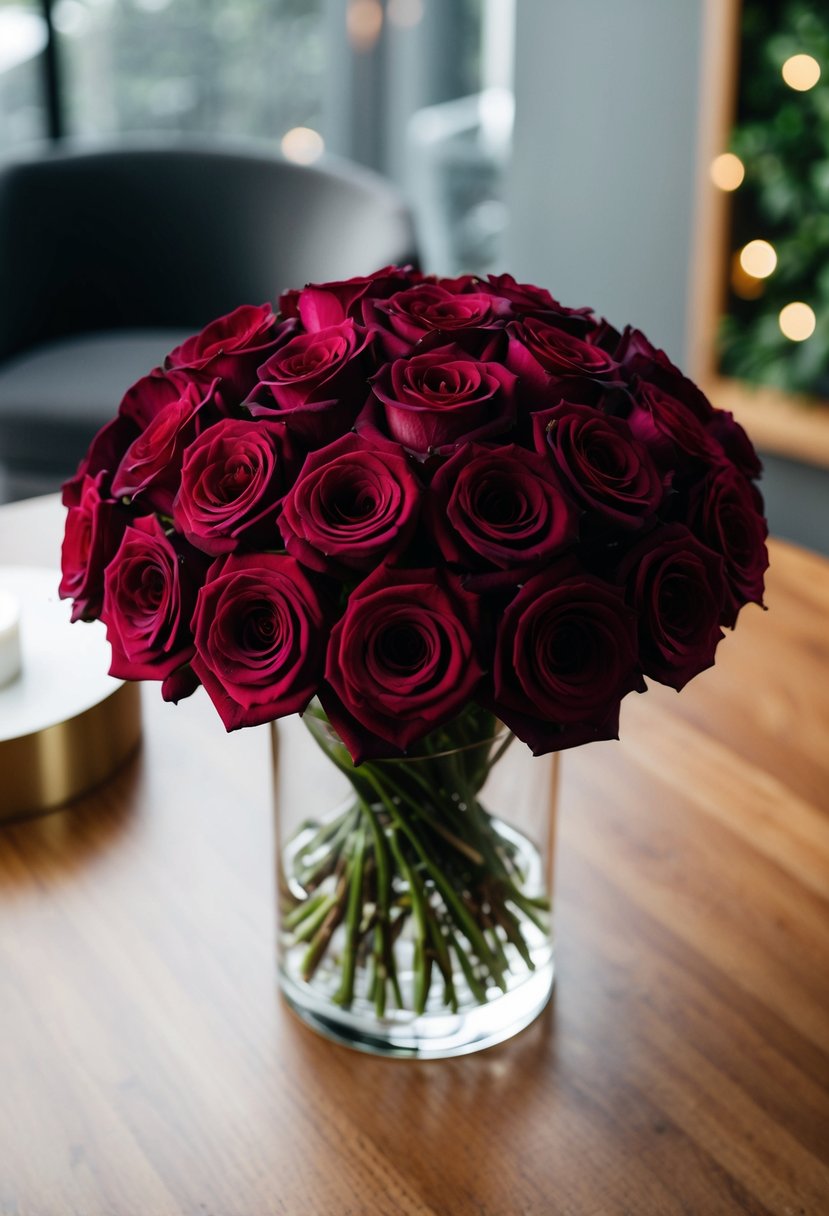 A lush bouquet of burgundy bloom roses in a modern, elegant arrangement