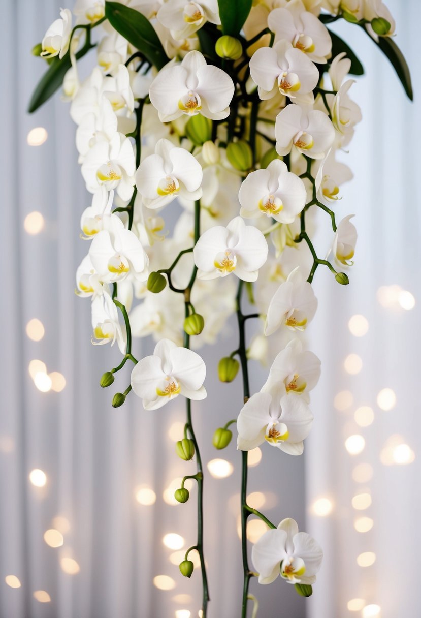 A cascading bouquet of simple white orchids, with delicate stems and lush blooms, arranged in a graceful, flowing design