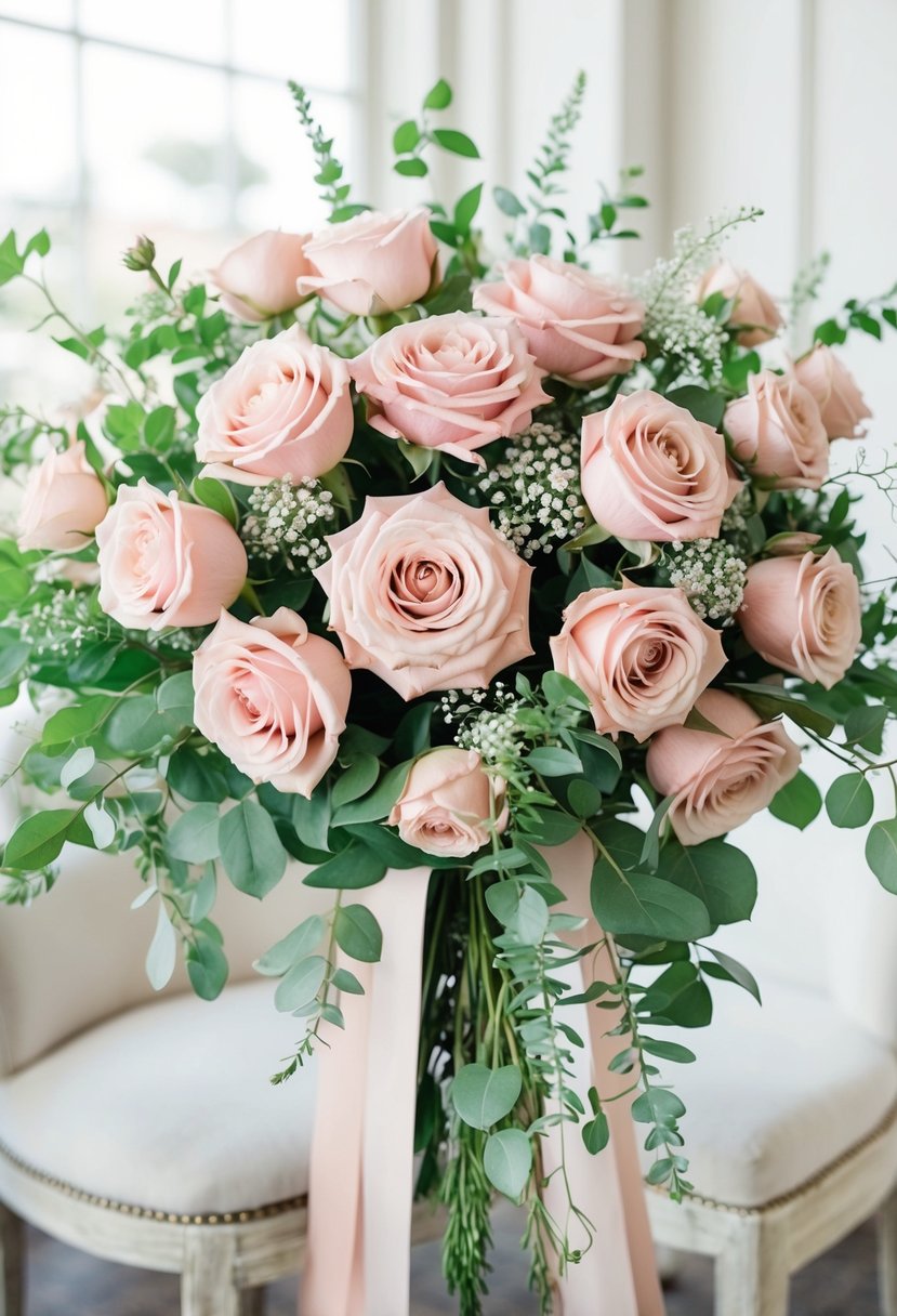 A lush, elegant blush pink rose bouquet arranged in a cascading style, with delicate greenery and baby's breath accents