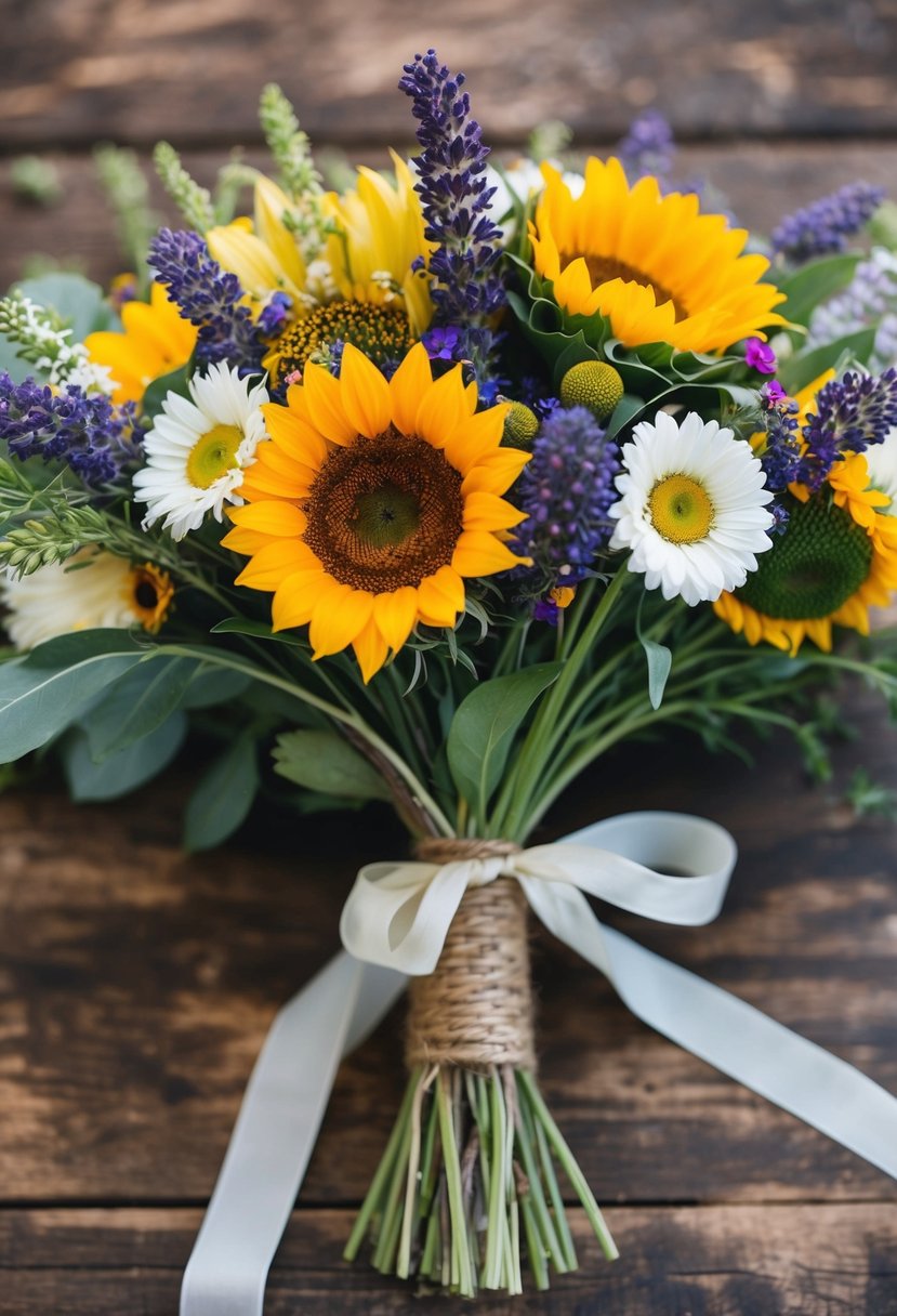 A rustic, wildflower-filled bouquet with pops of vibrant colors, including sunflowers, daisies, and lavender, tied together with twine and draped with a flowing ribbon