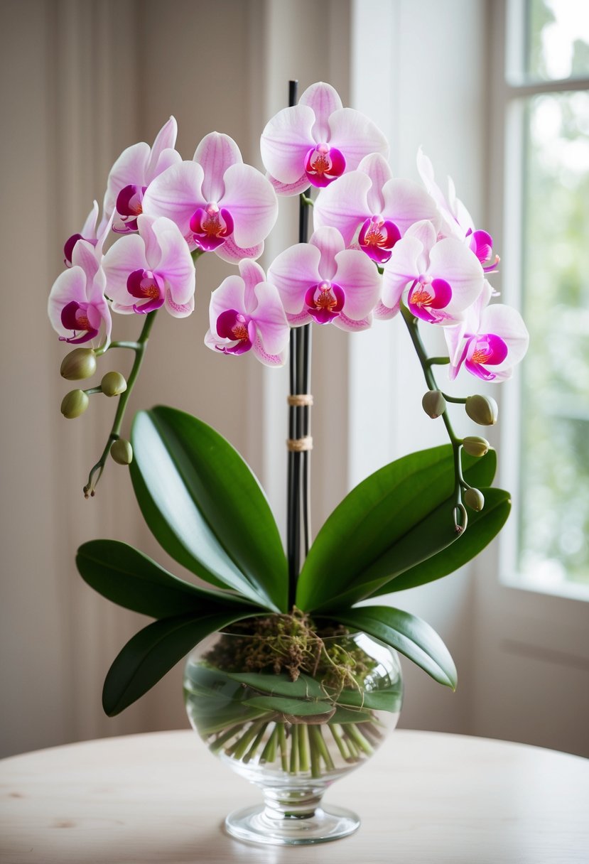 A delicate arrangement of pink and white orchids in a glass vase, with green leaves and a soft, romantic ambiance