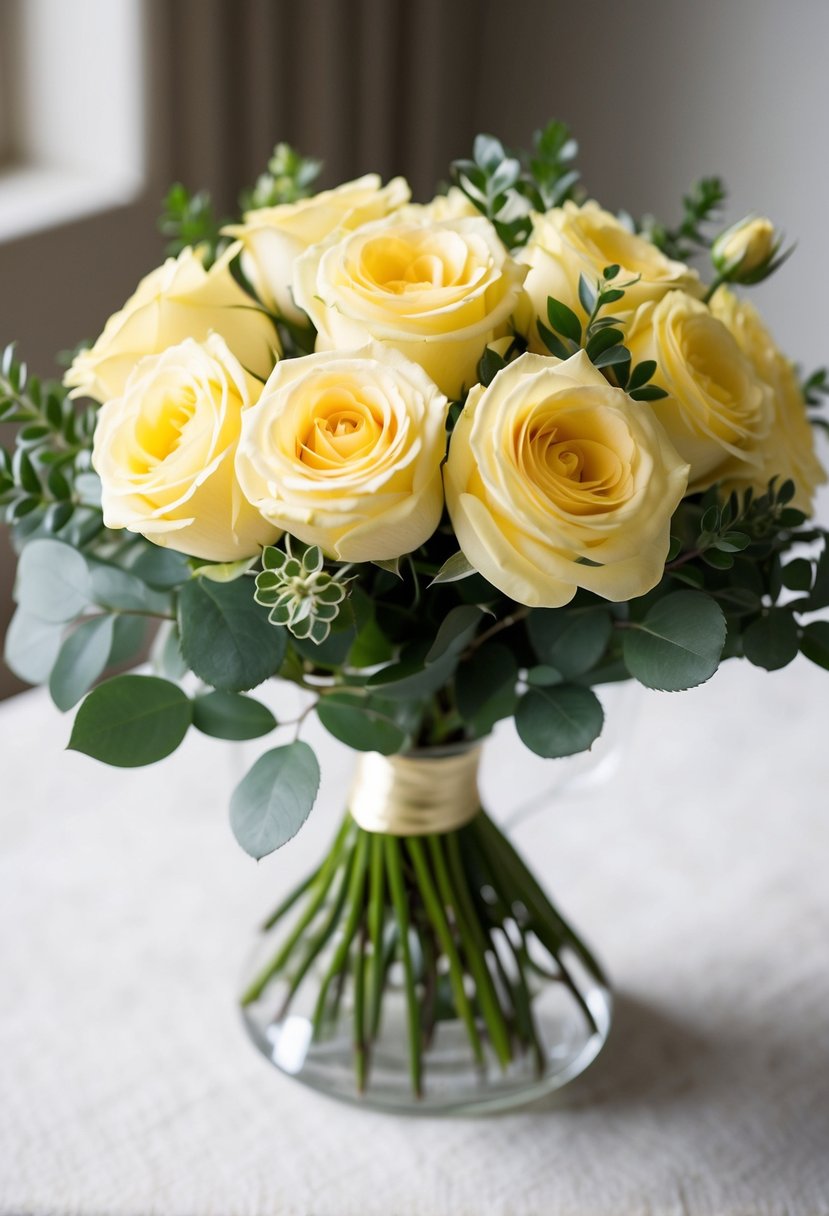 A soft yellow rose bouquet with greenery, arranged in a classic, elegant style