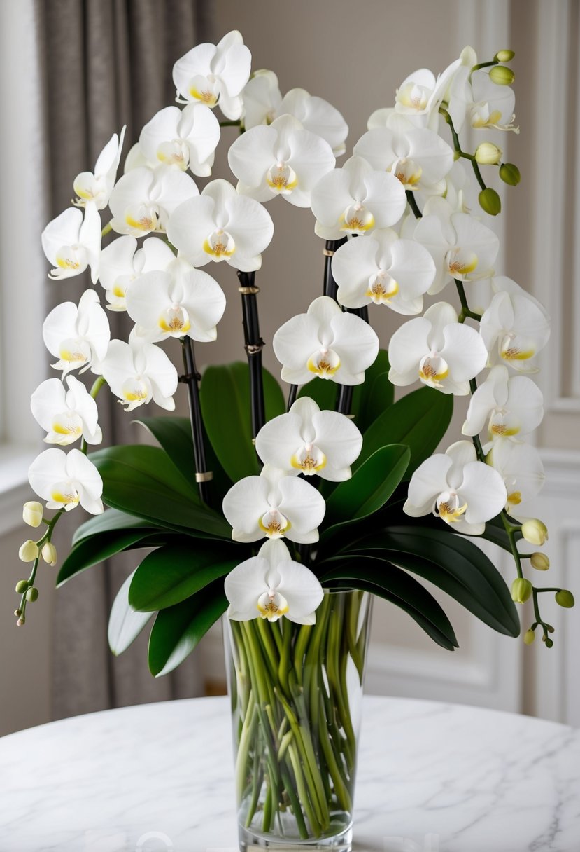 A stunning bouquet of all-white orchids, arranged in a lush and elegant manner, with delicate petals and long, graceful stems