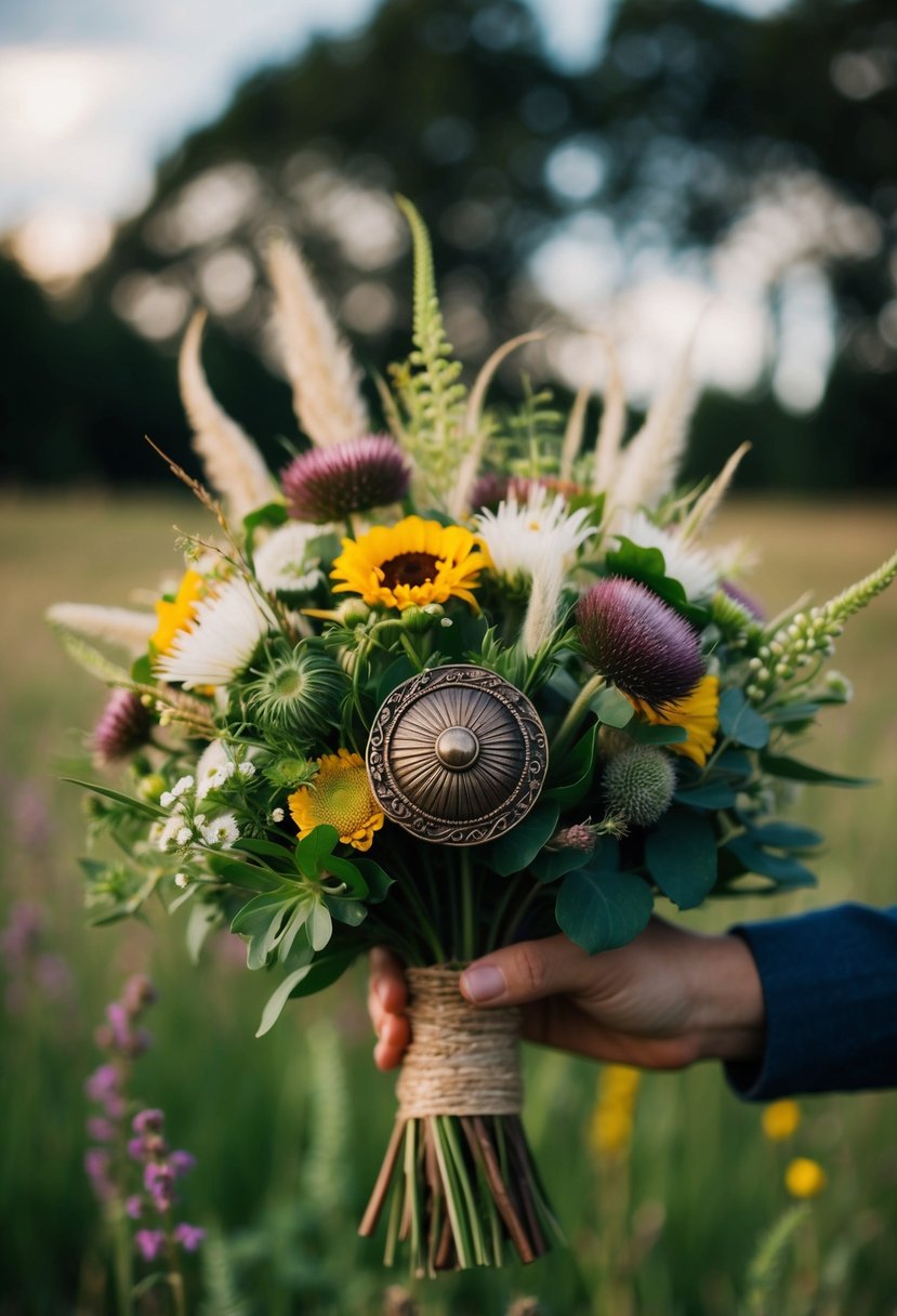 An antique-style brooch adorns a rustic viking wedding bouquet of wildflowers and greenery