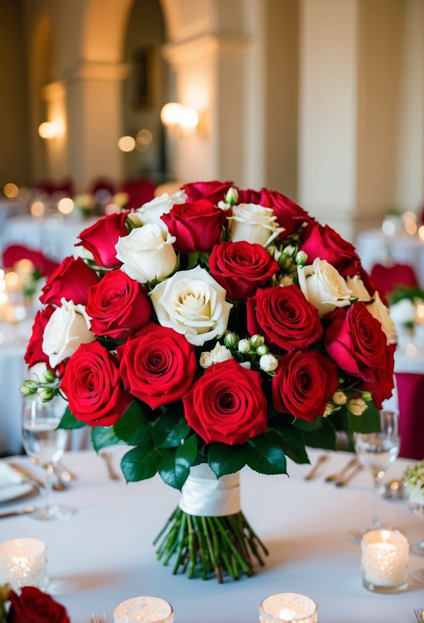 A lush bouquet of vibrant red and white roses, arranged in an elegant and romantic wedding setting