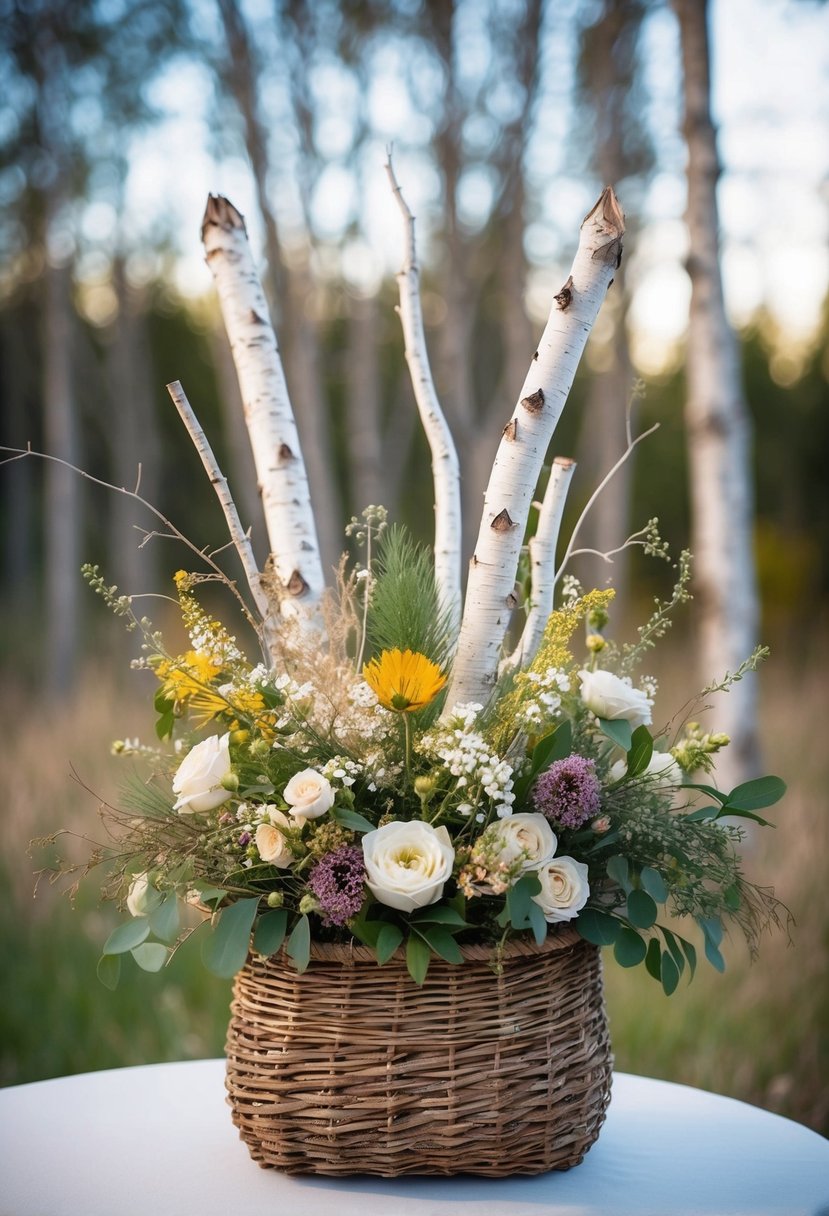 A rustic bouquet of birchwood, wildflowers, and delicate floral blends arranged in a woven basket