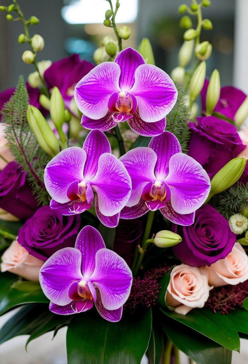 A lush bouquet of vibrant orchids and delicate roses intertwined, creating a stunning fusion of colors and textures