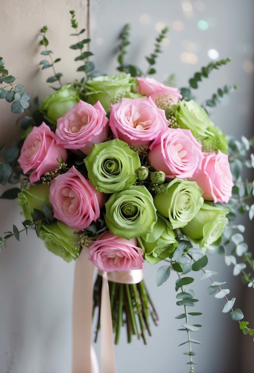 A whimsical bouquet of pink and green roses, arranged in a cascading style with delicate foliage and ribbon accents