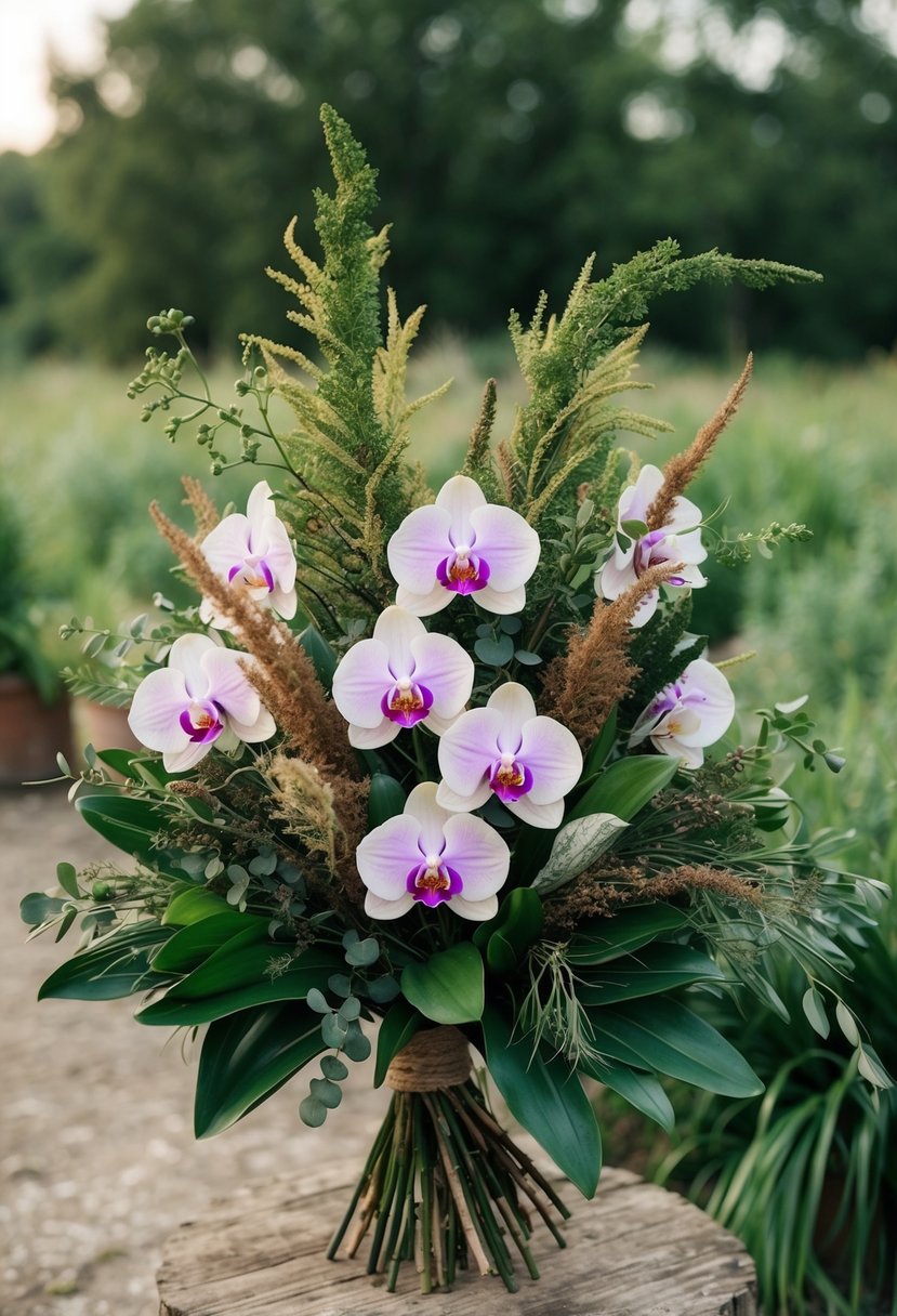 A lush bouquet of rustic orchids and greenery, arranged in a wild and natural style