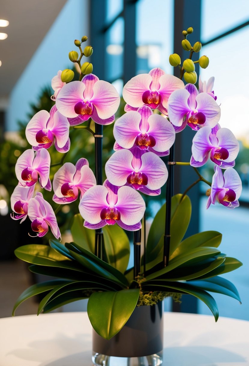 A lush bouquet of orchids, with vibrant, bold center flowers, arranged in an elegant and modern style