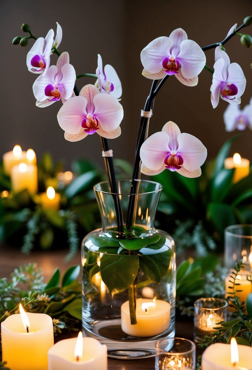 A glass vase filled with floating orchids, surrounded by flickering candles and delicate greenery