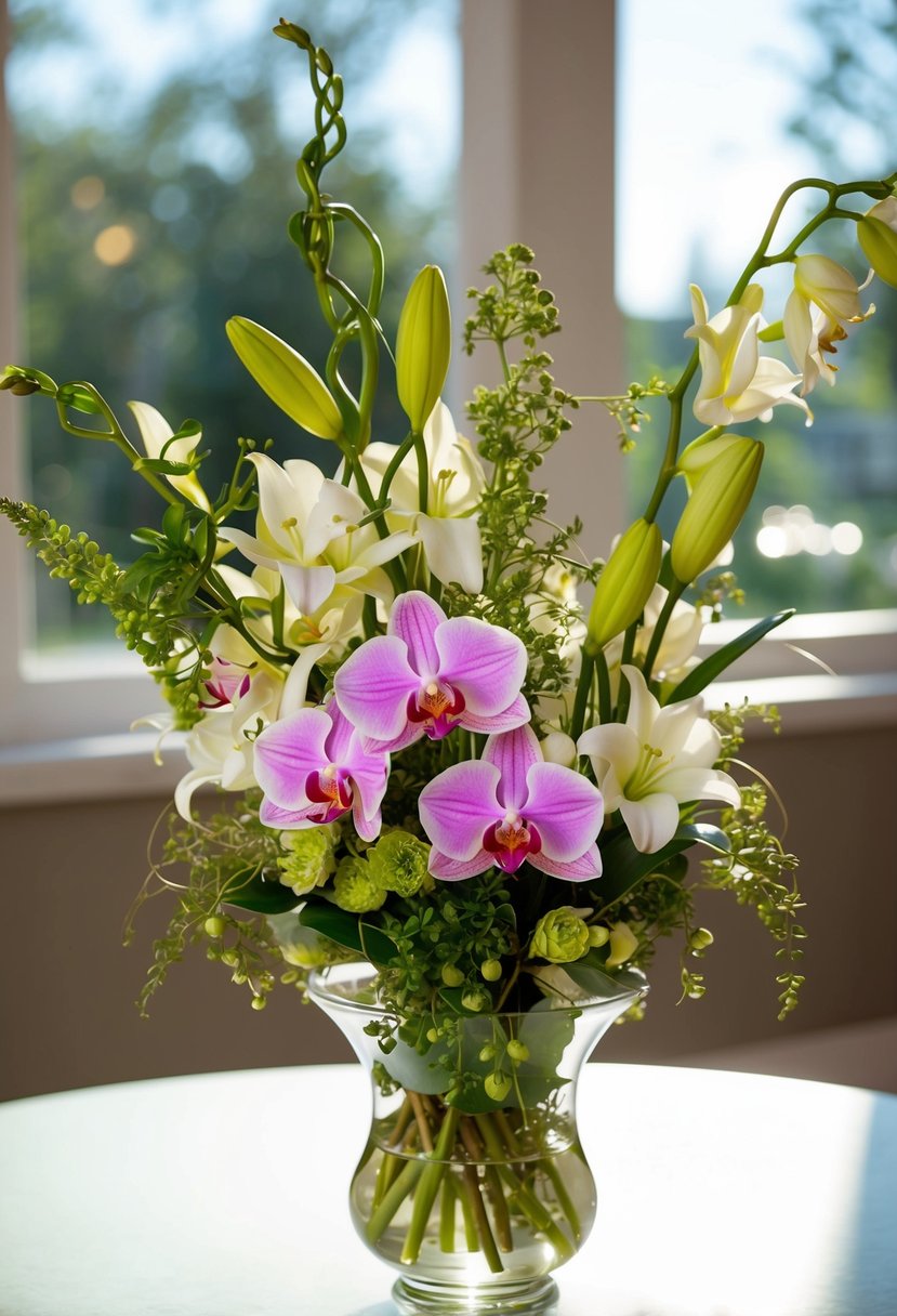 A delicate arrangement of orchids and lilies, intertwined with greenery, fills a glass vase on a sunlit table