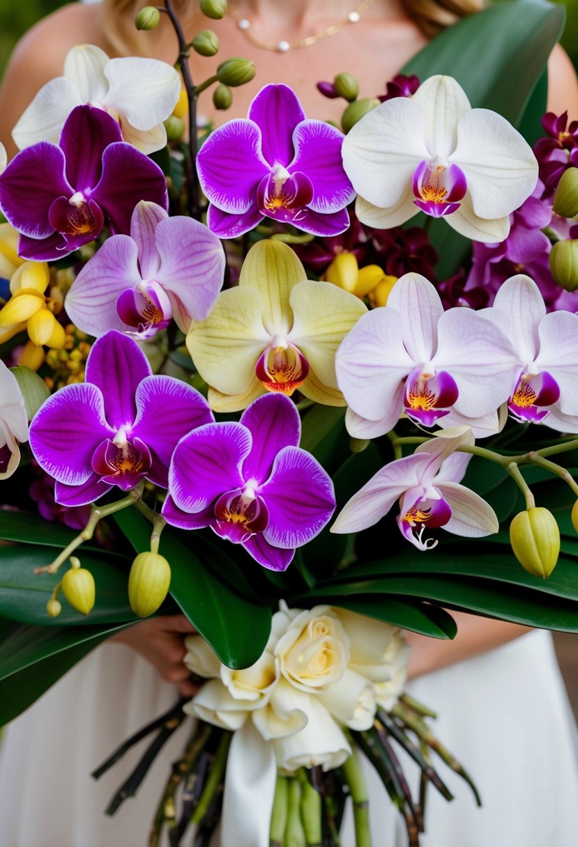 A vibrant assortment of orchids in various shapes and colors arranged in a beautiful wedding bouquet