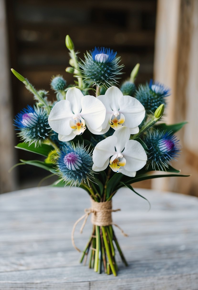 A delicate bouquet of white orchids and blue thistles arranged in a rustic, hand-tied style