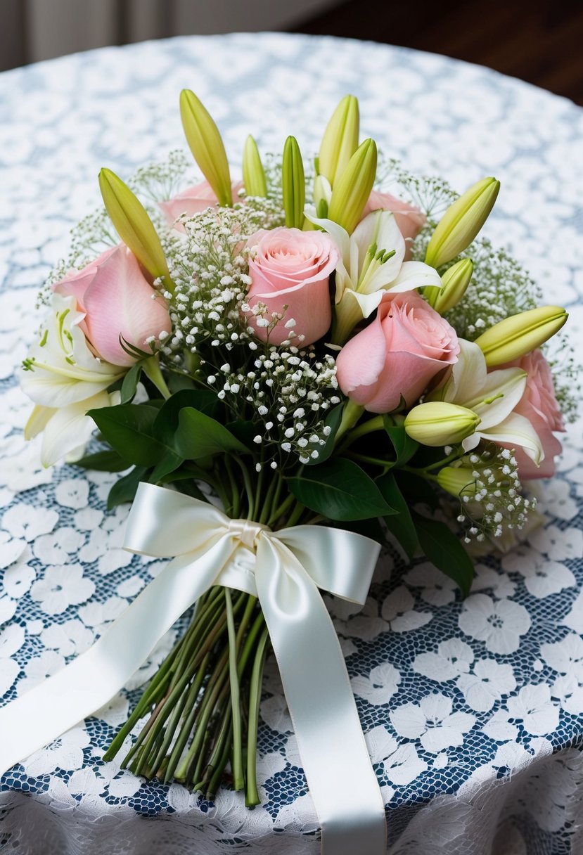 A bouquet of roses, lilies, and baby's breath tied with a satin ribbon, resting on a lace tablecloth