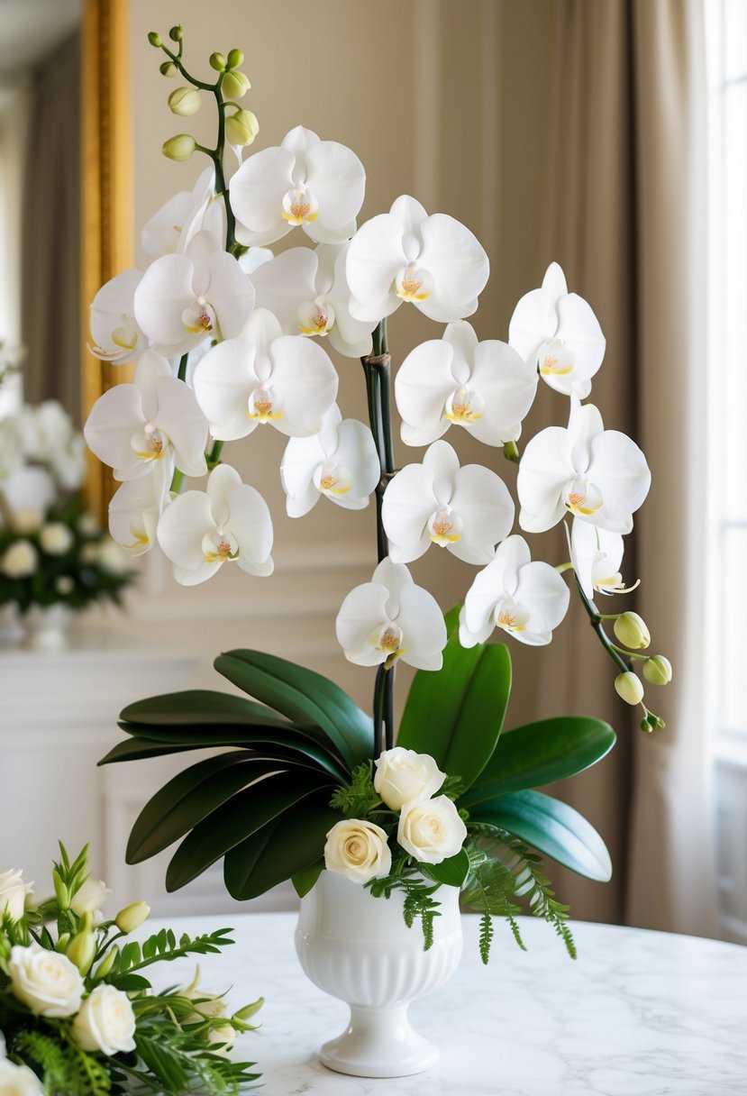 A pristine white orchid bouquet arranged in a classic and elegant style, with delicate blooms and lush greenery