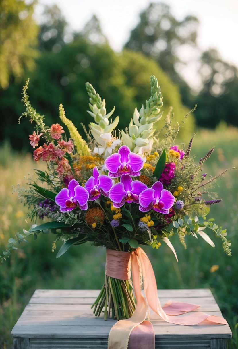 A vibrant bouquet of bohemian orchids and wildflowers arranged in a rustic, hand-tied style with flowing ribbons and greenery