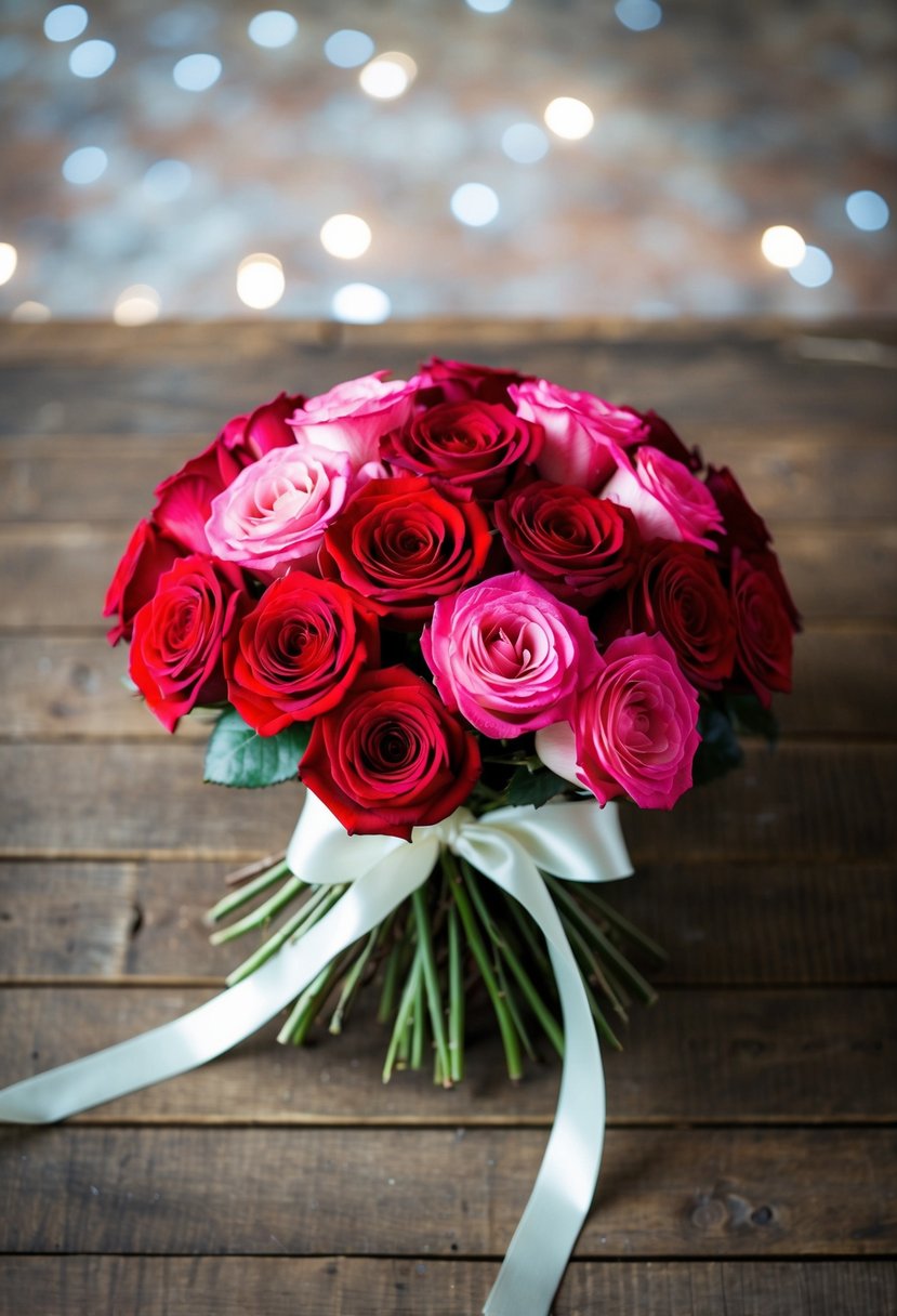 A round bouquet of red and pink roses, tied with a white ribbon, sits on a rustic wooden table