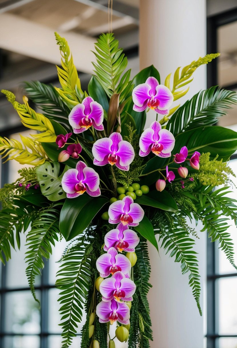 A lush bouquet of tropical orchids and ferns, arranged in a cascading design with vibrant colors and elegant greenery