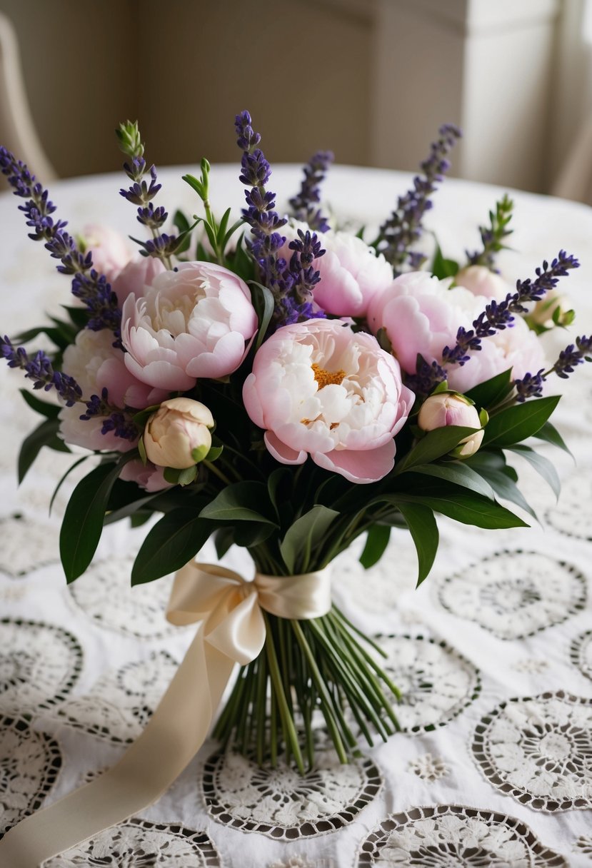 A lush bouquet of peonies and lavender, tied with a satin ribbon, sits on a vintage lace tablecloth