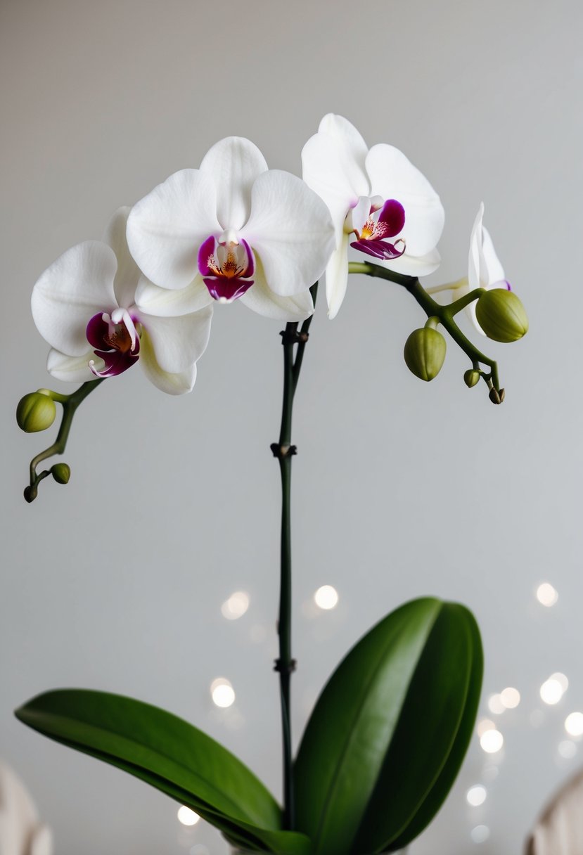 A single stem orchid in a minimalist wedding bouquet, with clean lines and simple elegance