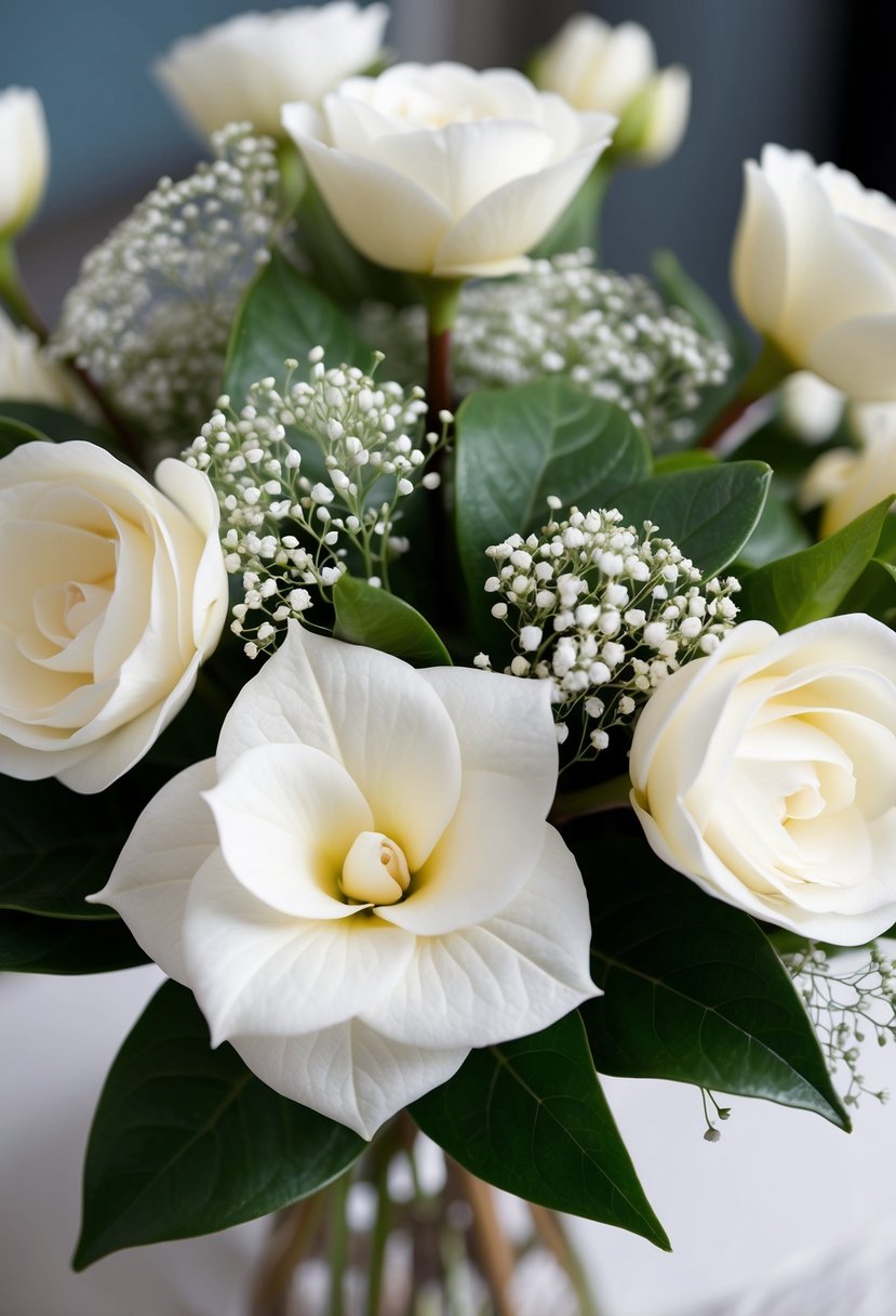 A bouquet of white Gardenias and delicate Baby's Breath arranged in a classic wedding style