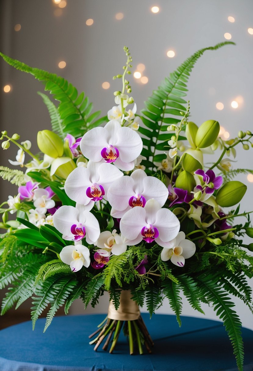 A lush bouquet of orchids and ferns, arranged in a classic and elegant style, with delicate greenery and vibrant blooms