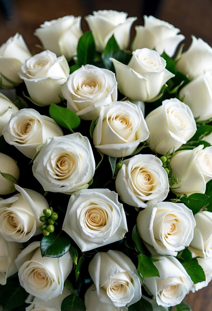 A bouquet of classic white roses arranged in a round, tightly packed formation, with green foliage peeking out from between the flowers