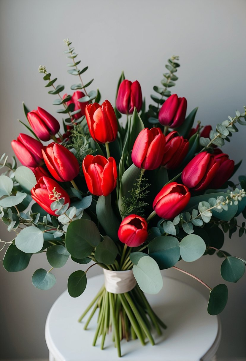 A lush bouquet of vibrant red tulips and fragrant eucalyptus leaves, elegantly arranged in a classic wedding bouquet