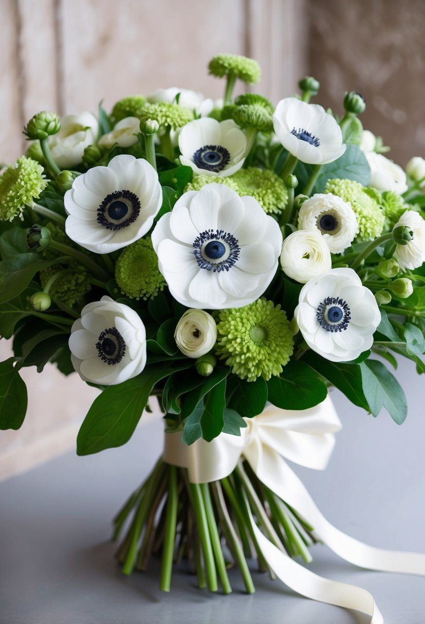 A lush bouquet of anemones and ranunculus in a classic white and green color scheme, tied with a satin ribbon