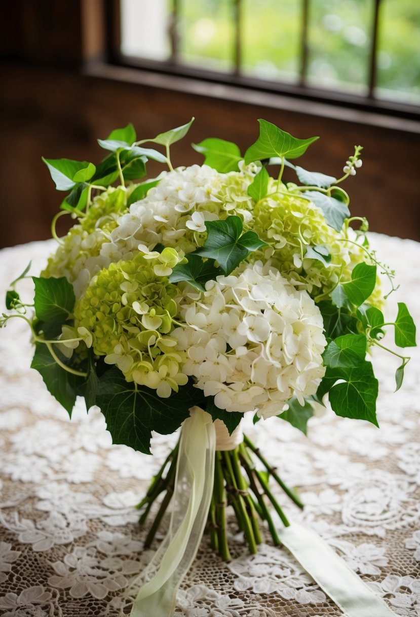 A lush bouquet of hydrangeas and ivy, intertwined with delicate ribbon, sits on a vintage lace tablecloth