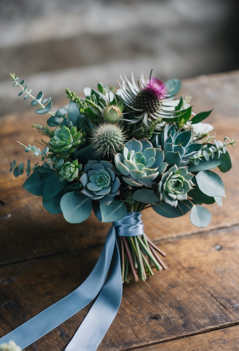 A dusty blue wedding bouquet with eucalyptus, succulents, and thistle, tied with silk ribbon, sits on a rustic wooden table