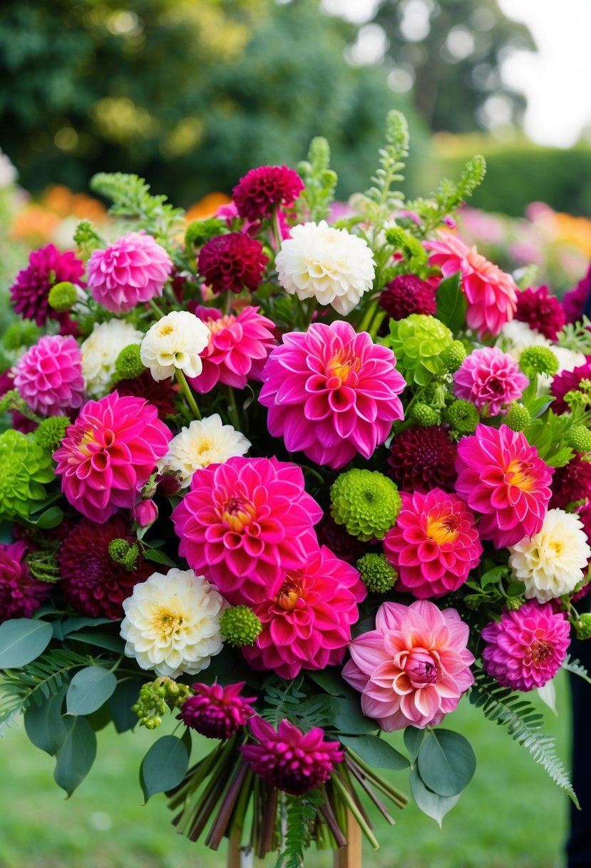 A lush bouquet of vibrant dahlias and greenery arranged in a classic wedding style