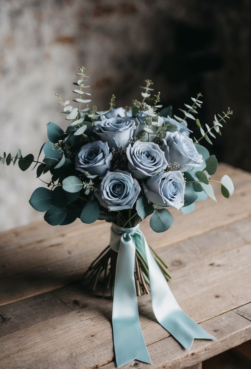 A delicate bouquet of dusty blue roses and ivory eucalyptus, tied with a flowing ribbon, sits on a rustic wooden table